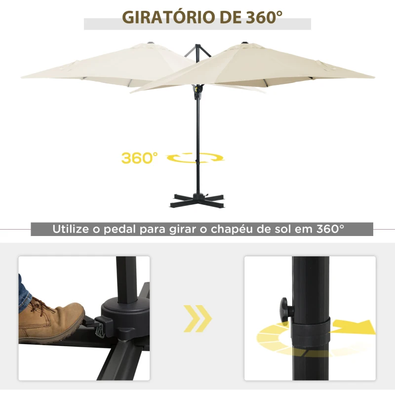 Outsunny Chapéu de Sol de Jardim Chapéu de Sol Excêntrico com Rotação 360° Inclinação de 5 Níveis com Manivela 245x245x245 cm Creme