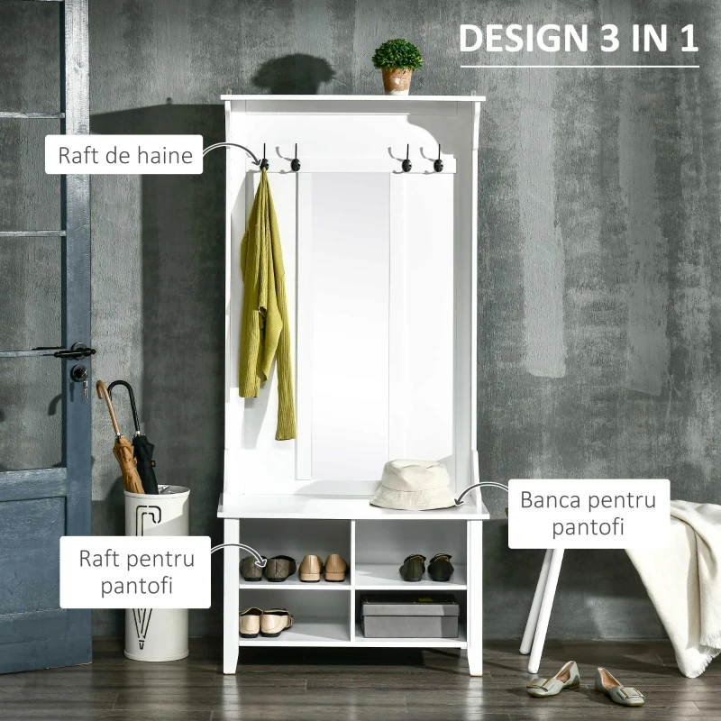 HOMCOM mobilier hol, cuier si oglinda, 80x40x170cm, alb(m-4)