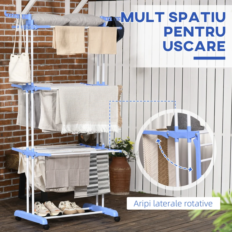 HOMCOM Uscator de rufe extensibil pe 4 niveluri cu 4 roti, din otel si pp, 73x64x177 cm, Albastru si Argintiu