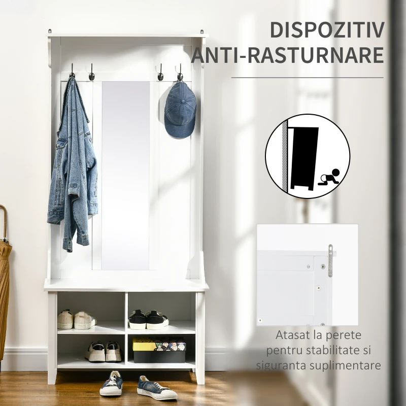HOMCOM mobilier hol, cuier si oglinda, 80x40x170cm, alb(m-5)