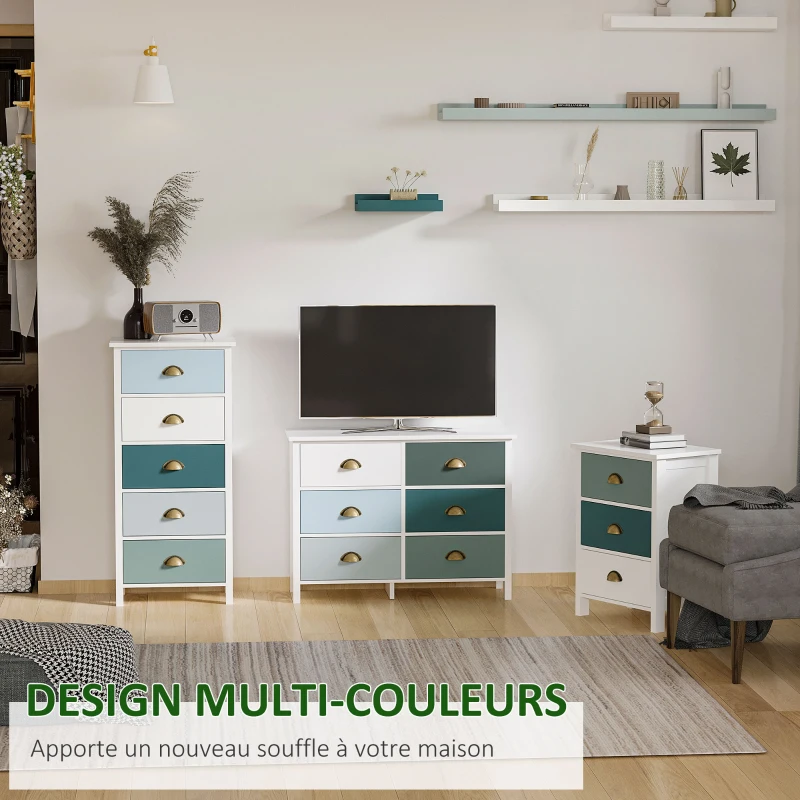 HOMCOM Chiffonnier commode meuble de rangement tiroirs multicolores avec poignée métal coquille en bois