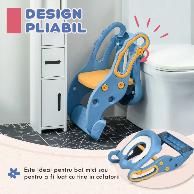 ZONEKIZ Reductor și Scăunel Înălțător WC cu Scară Reglabilă, Mânere și Pernă Detașabilă, 67,9x42,8x51,5 cm, Albastru