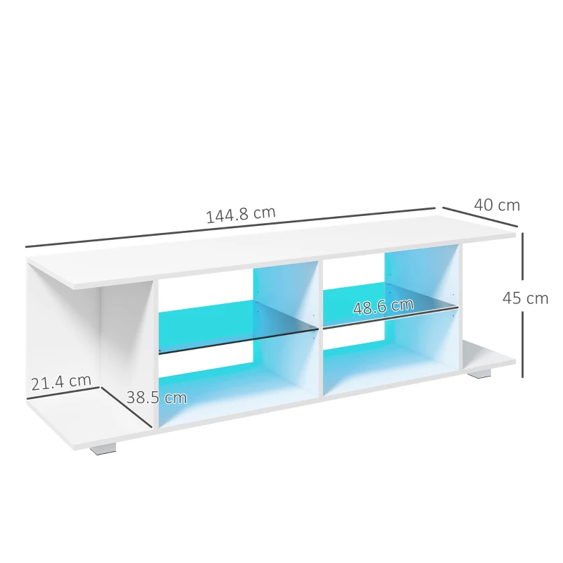 HOMCOM TV Stand, 145cm Modern TV Unit with Glass Shelves, RGB LED Light for 32 40 43 50 52 55 60 inch 4k TV, White