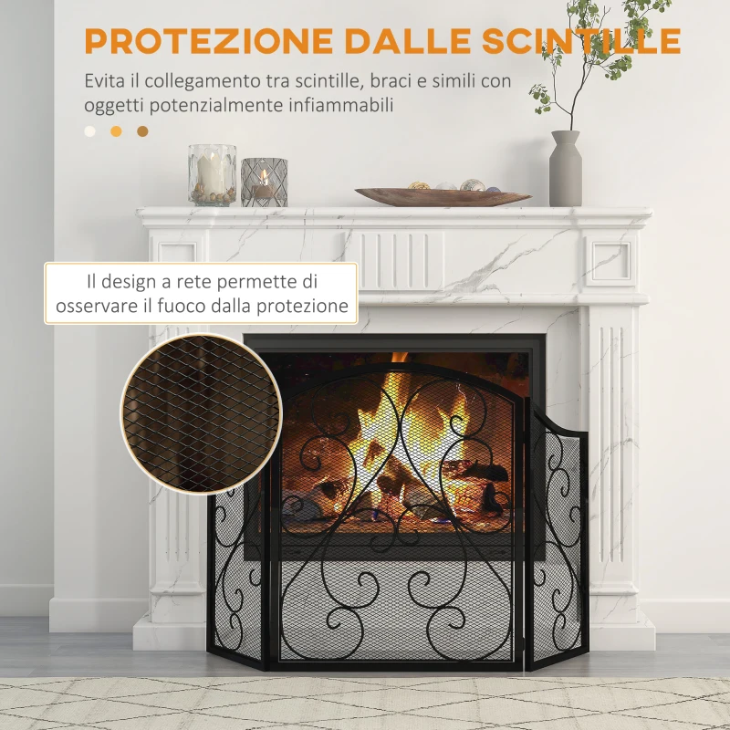 HOMCOM Parascintille Camino a 3 Pannelli in Metallo con Design Pieghevole, 66x31x81 cm, Nero