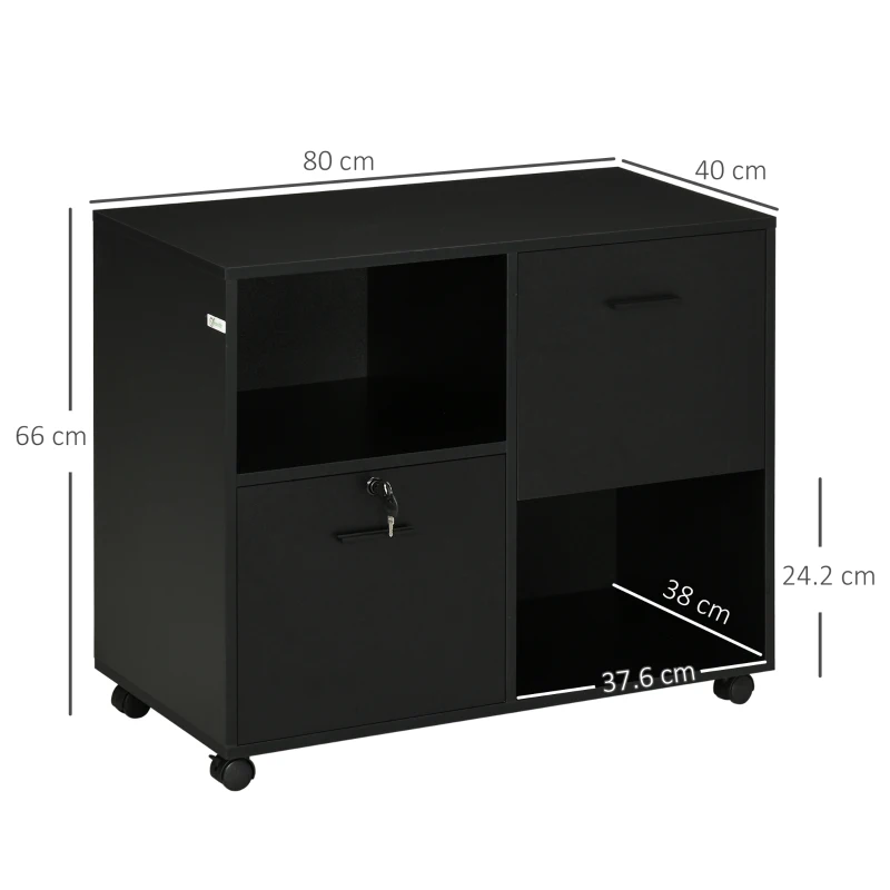 Vinsetto Dulap de Birou cu 2 Sertare pentru Dosare si Rafturi Deschise din PAL, Manere din Otel, Roti cu Blocare, 80x40x66cm, Negru