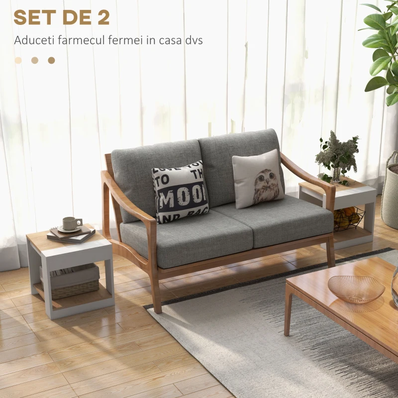 HOMCOM Set de 2 Masute pentru Living cu Design pe Doua Niveluri din PAL, 40x40x45cm, Alb si Stejar