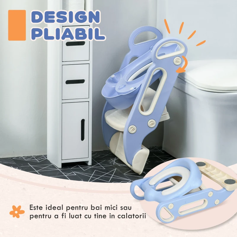 ZONEKIZ Reductor și Scăunel Înălțător WC cu Scară Reglabilă, Mânere și Pernă Detașabilă, 67,9x42,8x51,5 cm, Albastru