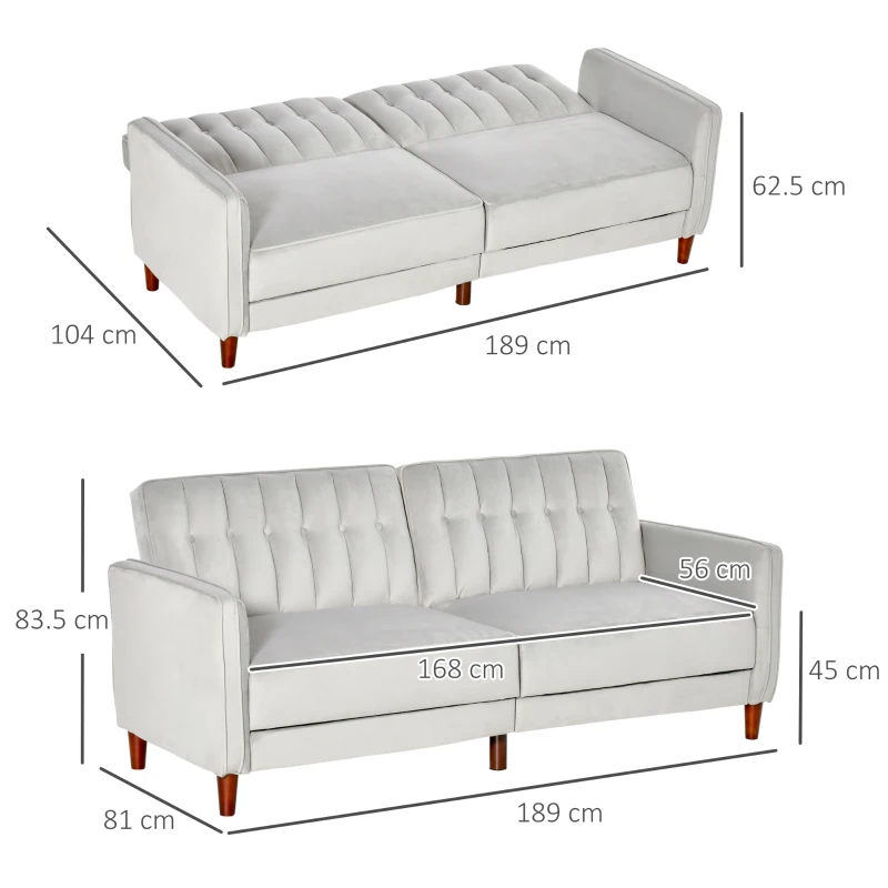 HOMCOM Modern Convertible Sofa Futon Velvet-Touch Tufted Couch Compact Loveseat with Adjustable Split Back, Light Grey