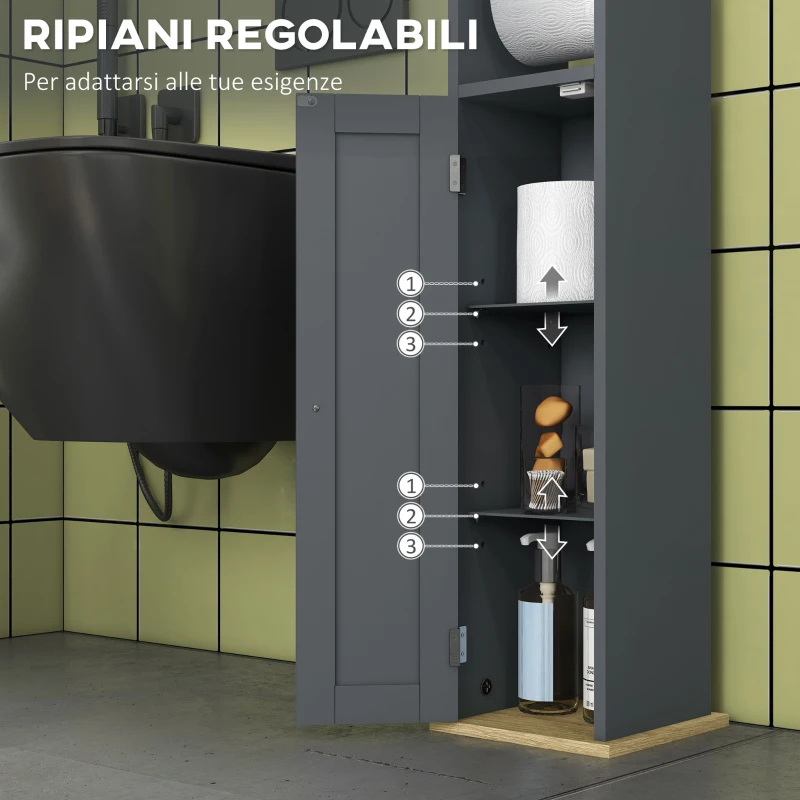 kleankin Mobiletto Bagno con Barra e Armadietto a 3 Livelli Regolabili, in MDF e Truciolato, Grigio