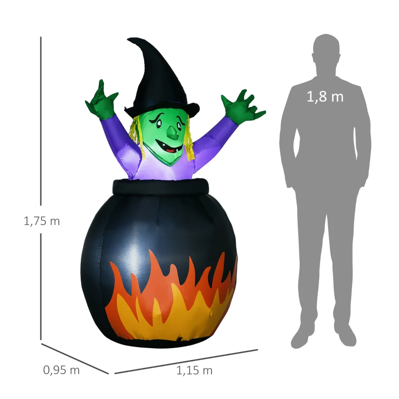 HOMCOM Halloween-Dekoration, Hexe im Hexenkessel, selbstaufblasbar, interne LED-Beleuchtung, 1,15 x 0,95 x 1,75m
