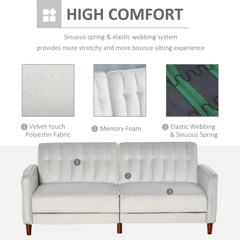 HOMCOM Modern Convertible Sofa Futon Velvet-Touch Tufted Couch Compact Loveseat with Adjustable Split Back, Light Grey