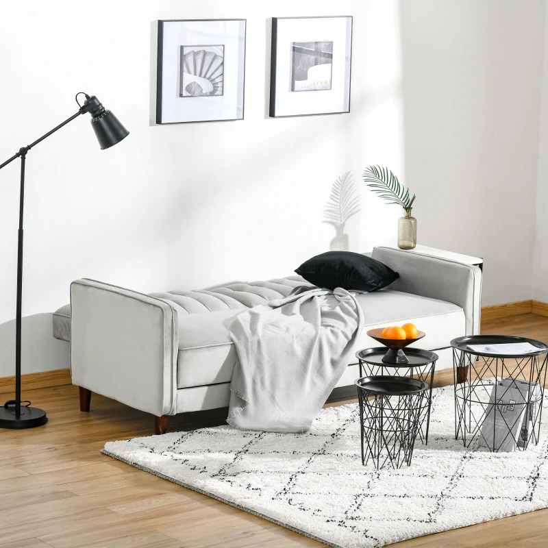 HOMCOM Modern Convertible Sofa Futon Velvet-Touch Tufted Couch Compact Loveseat with Adjustable Split Back, Light Grey