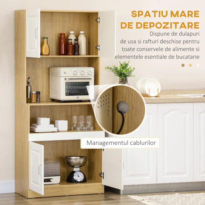 Unitate de camara inalta HOMCOM din PA de culoare alb si lemn cu 4 usi cu dulapuri si raft deschis, pentru bucatarie si sufragerie, 80x40x180 cm