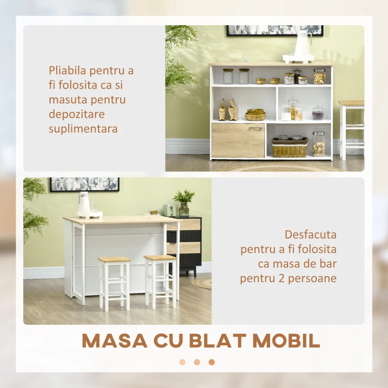 HOMCOM Masa pentru Bar Moderna si Extensibila din MDF pentru 2 Persoane cu 4 Rafturi deschise si Dulapior, 116x79.5x91 cm, Alb si Lemn natur(m-4)