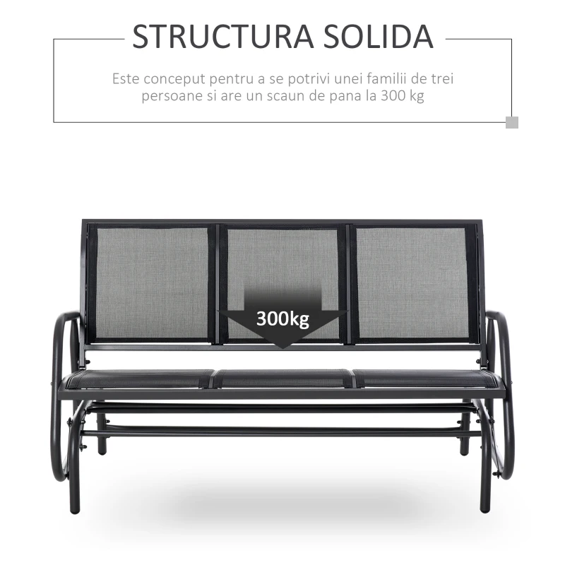 Outsunny Banca Leagan de Gradina cu 3 locuri, schelet Metalic si Tesatura transpiranta, Negru