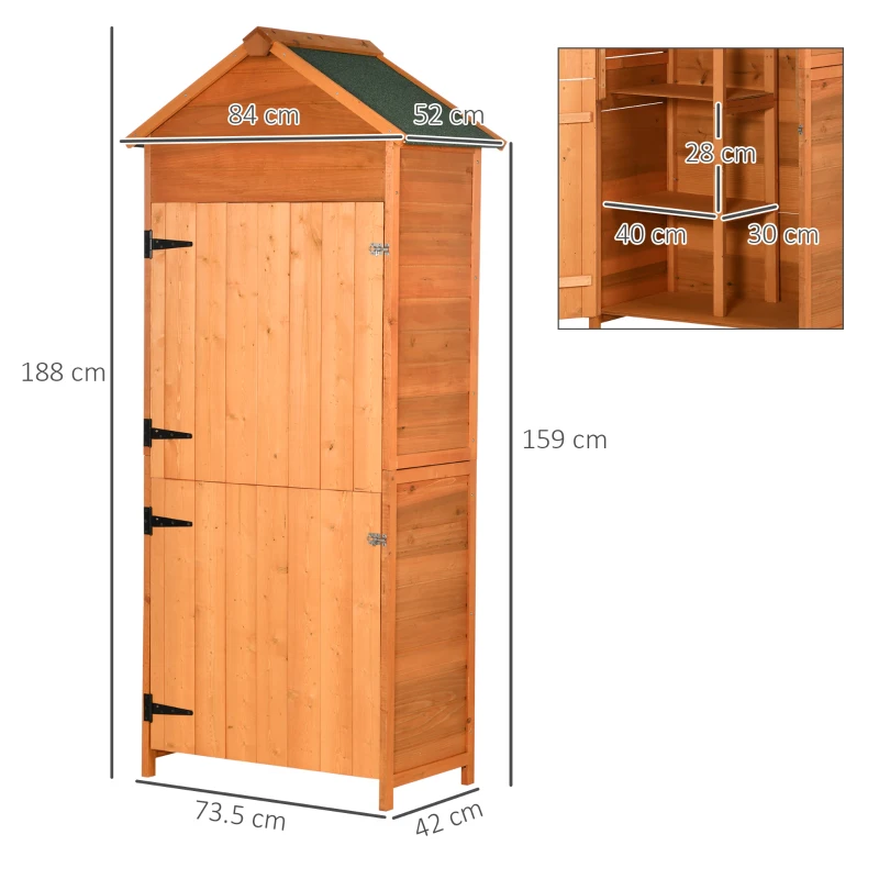 Outsunny sopron de Gradina din Lemn cu 2 Usi, Dulap de Exterior Depozitare Unelte cu 3 Rafturi, 84x52x188 cm(m-3)