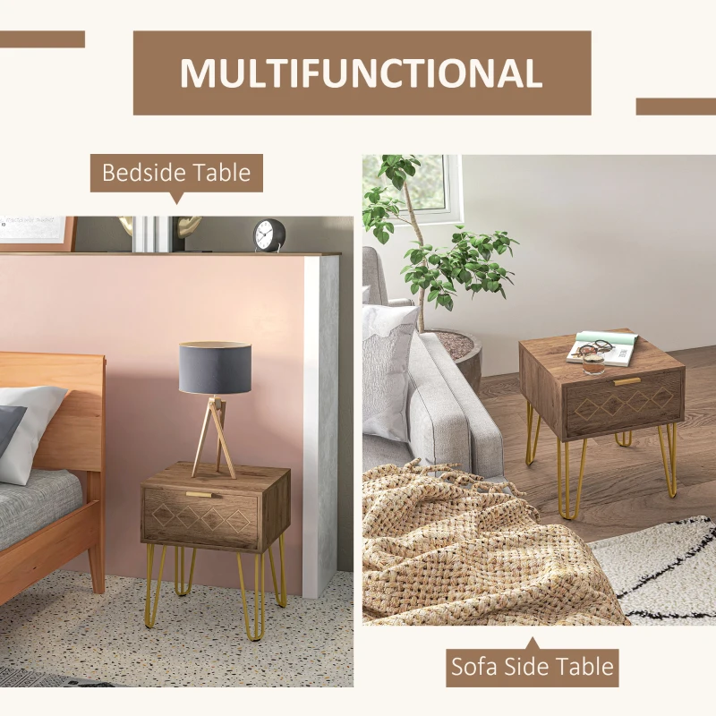 HOMCOM Noptiere Moderne Set 2 Bucati din PAL si Otel cu Sertar, 39.5x41x49 cm, Maro