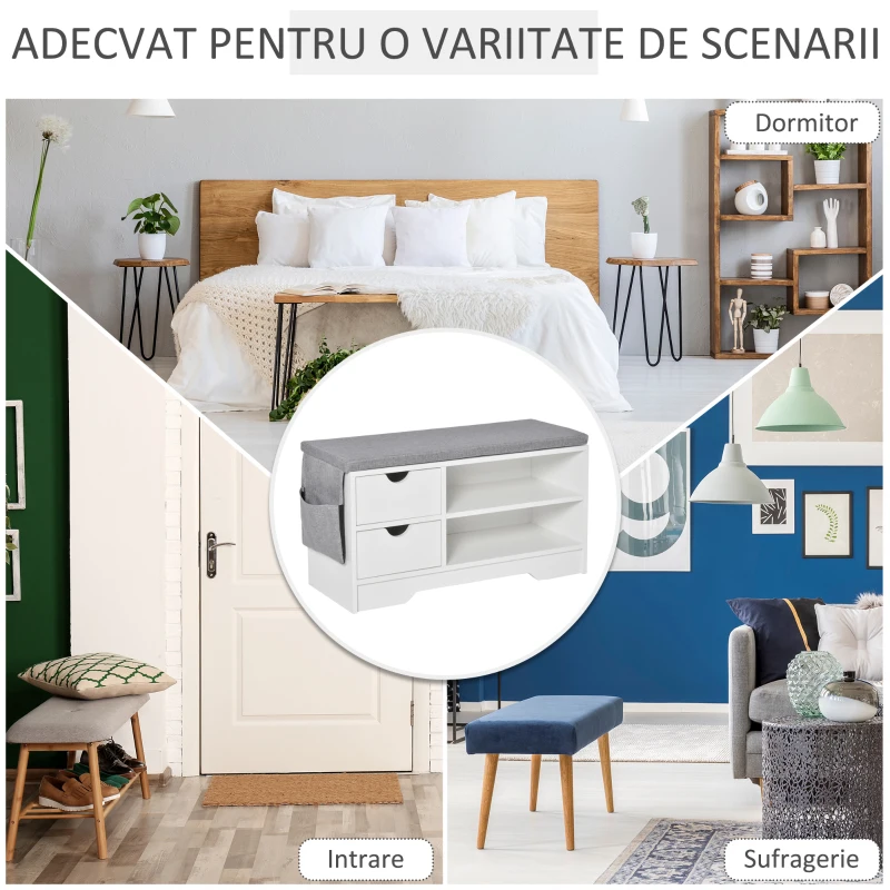 HOMCOM Suport de Pantofi Economie de Spatiu Bancuta Suport de Pantofi din Lemn Alb Mobila Suport de Pantofi
