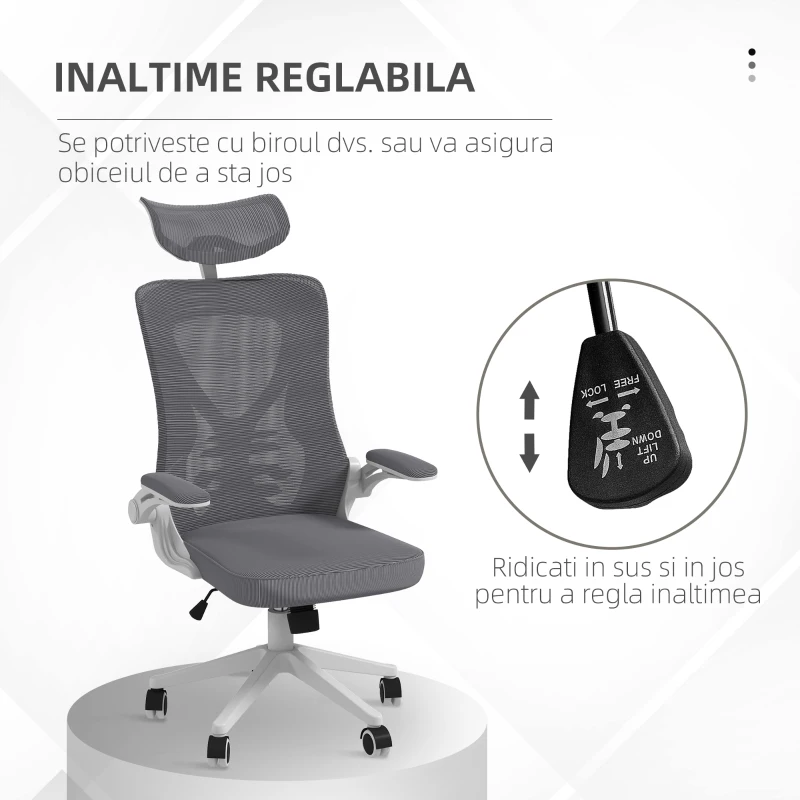 Vinsetto Scaun de Birou cu Inaltime Reglabila cu Tetiera, Suport Lombar si Cotiere Rabatabile, 65x64x120-130 cm, Gri si Negru