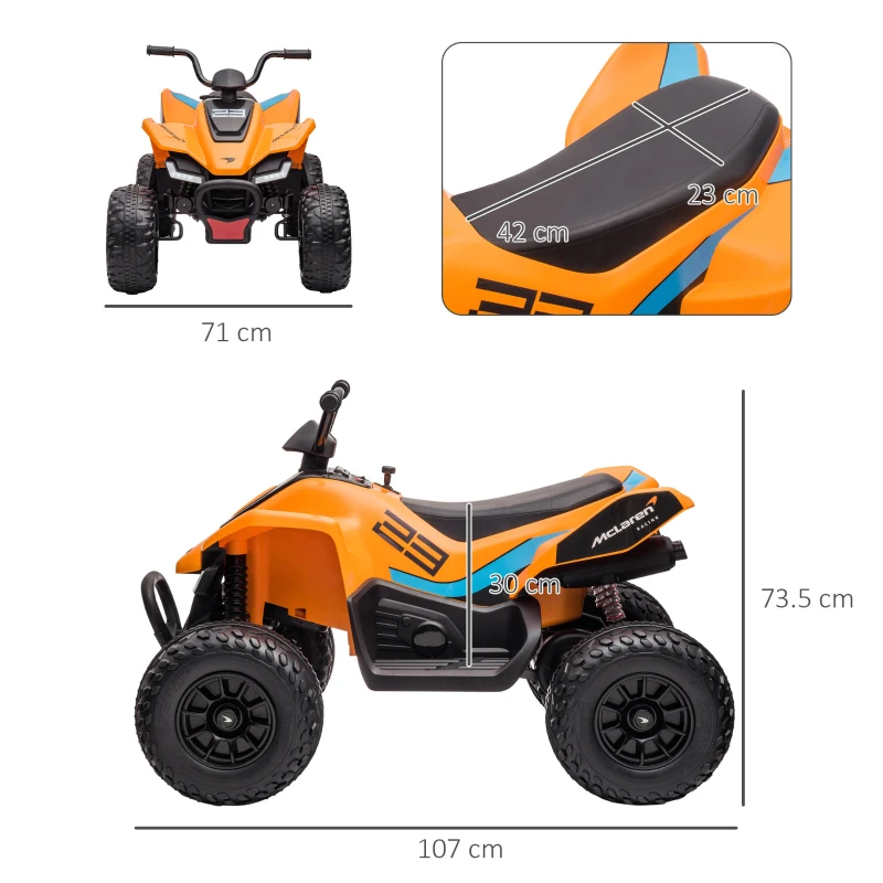 HOMCOM ATV Electric de 12V pentru Copii cu Pornire Lentă, Faruri, MP3 și Roți cu Suspensie, 107x71x73,5 cm, Portocaliu(m-3)