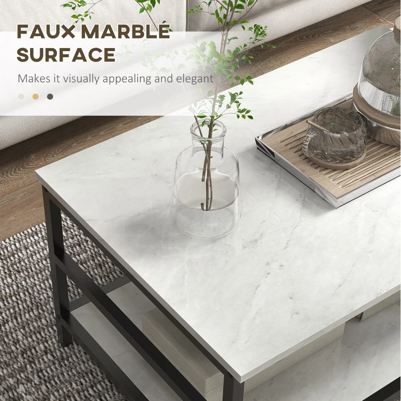 HOMCOM Set 2 Masute de Cafea cu 2 Niveluri din PAL si Otel, Masuta Dreptunghiulara si Masuta  Rotunda cu Blat de Sprijin Efect Marmura, Alb si Negru