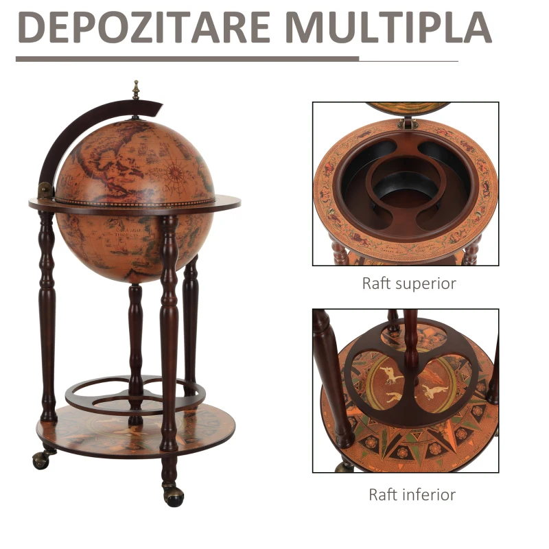 HOMCOM Bar in forma de Glob si Suport pentru bauturi fine, Minibar cu 3 roți
