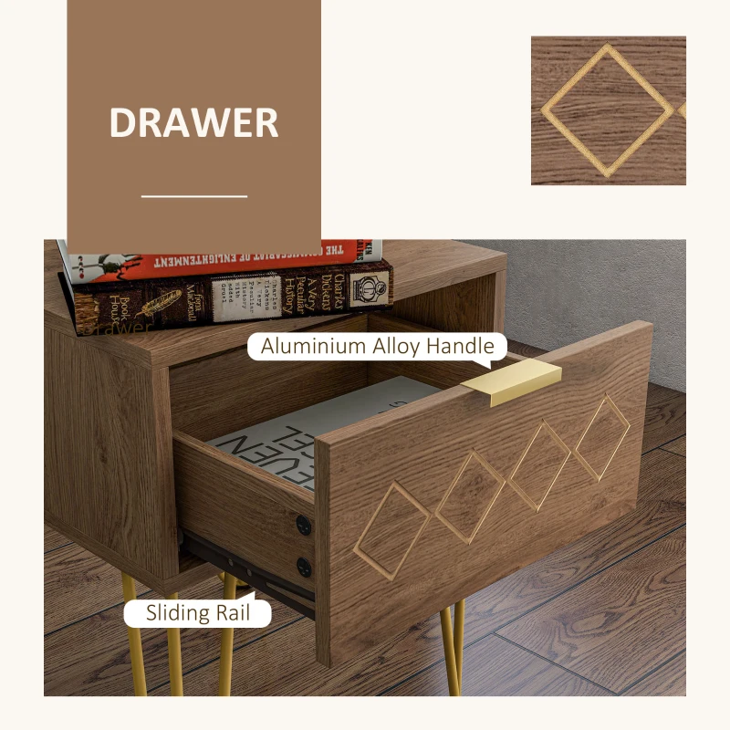 HOMCOM Noptiere Moderne Set 2 Bucati din PAL si Otel cu Sertar, 39.5x41x49 cm, Maro