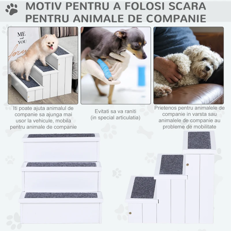 PawHut scara din lemn cu 3 trepte, pentru animale, alba