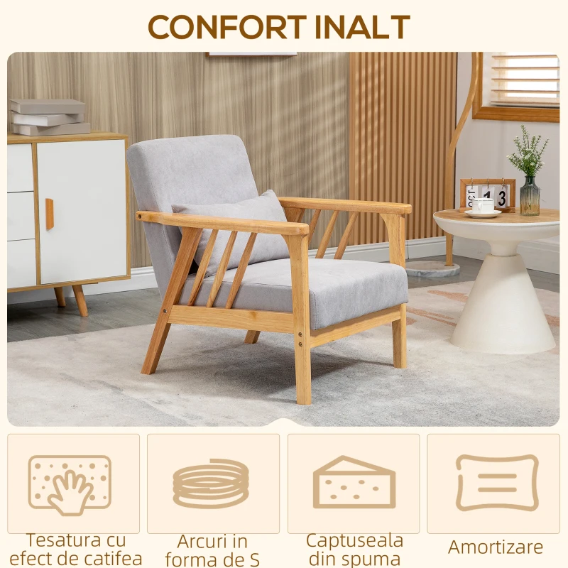 HOMCOM Fotoliu modern cu husa din catifea si structura din lemn, fotoliu pentru dormitor si sufragerie cu perna suplimentara, 68x75x78cm, gri
