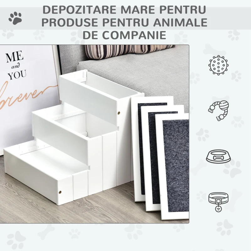 PawHut scara din lemn cu 3 trepte, pentru animale, alba