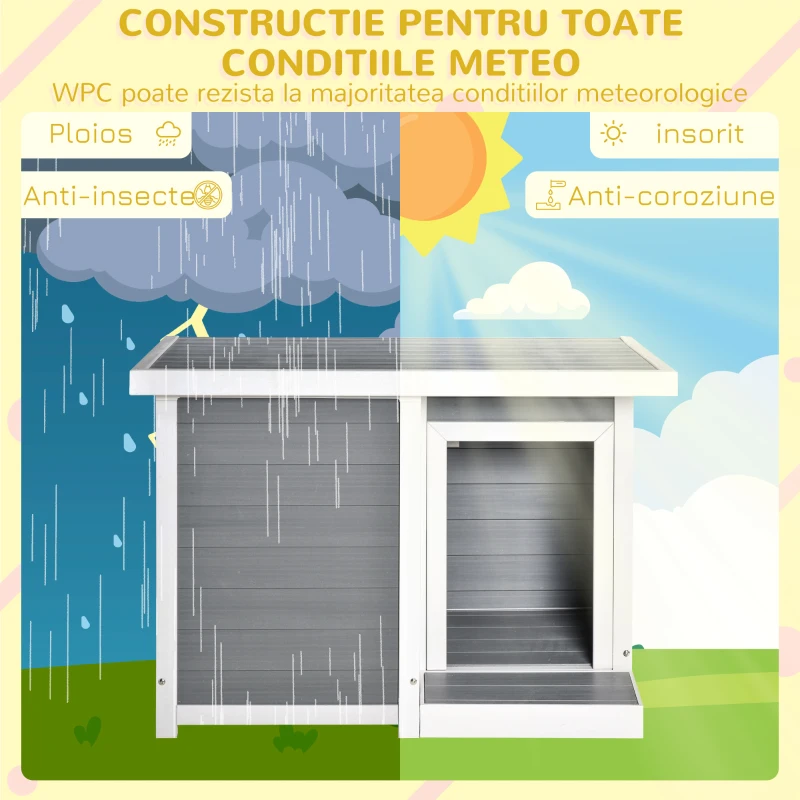 Casuta pentru Caini In aer liber PawHut cu Usa si Terasa, Trapa si Fereastra, Gri