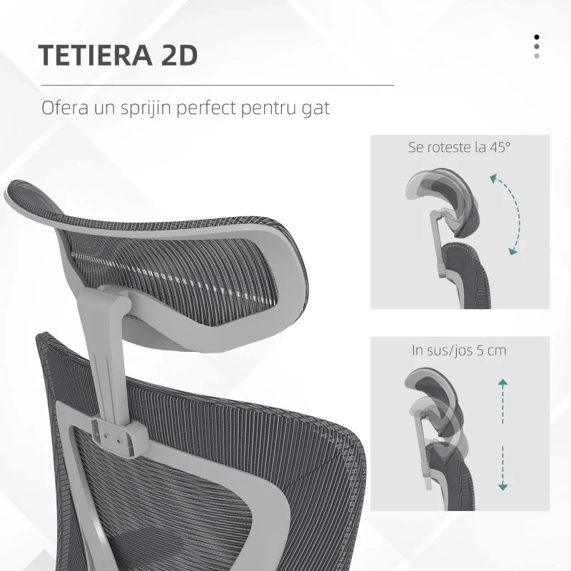 Vinsetto Scaun de Birou cu Inaltime Reglabila cu Tetiera, Suport Lombar si Cotiere Rabatabile, 65x64x120-130 cm, Gri si Negru