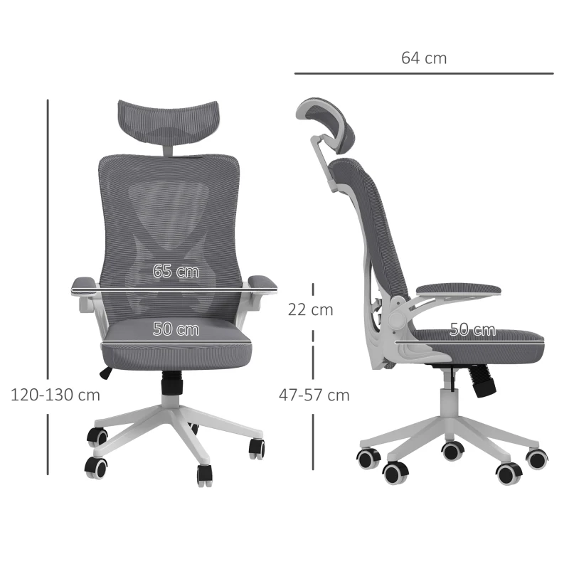 Vinsetto Scaun de Birou cu Inaltime Reglabila cu Tetiera, Suport Lombar si Cotiere Rabatabile, 65x64x120-130 cm, Gri si Negru