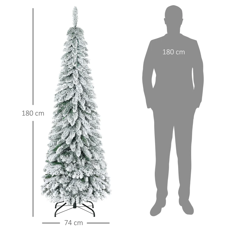 HOMCOM Brad Artificial de Craciun de Sarbatori Inalt de 180cm de Decor Tip Creion cu 523 de Crengute Pline de Zapada, Forma Coborata, Baza din Otel