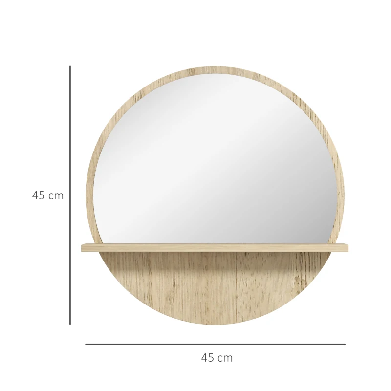 kleankin Oglindă de Baie Rotundă din PAL și Sticlă cu Raft pentru Depozitare și 2 Cârlige pentru Fixare, Ø45x10 cm, Lemn Natural