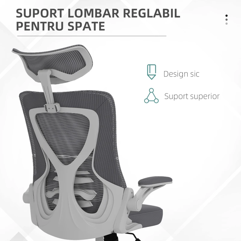 Vinsetto Scaun de Birou cu Inaltime Reglabila cu Tetiera, Suport Lombar si Cotiere Rabatabile, 65x64x120-130 cm, Gri si Negru
