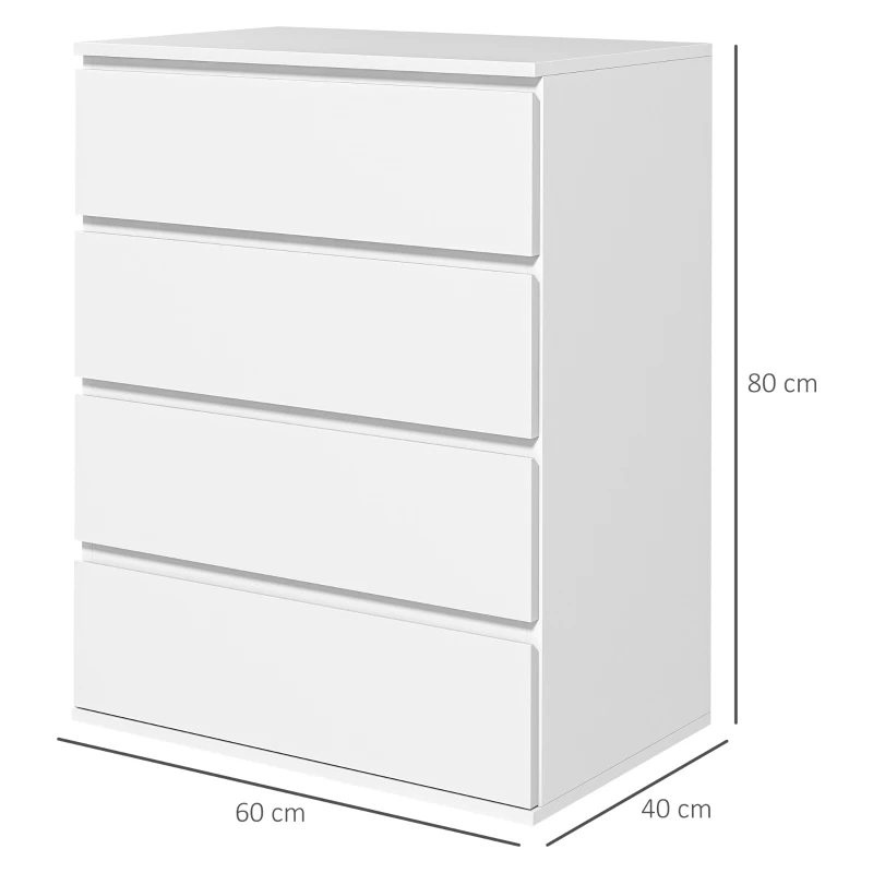 HOMCOM Comodă cu 4 Sertare, Organizator de Depozitare cu Ghidaje Metalice și Mânere cu Caneluri, 60x40x80 cm, Alb(m-3)