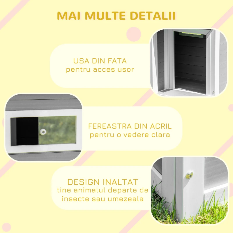 Casuta pentru Caini In aer liber PawHut cu Usa si Terasa, Trapa si Fereastra, Gri