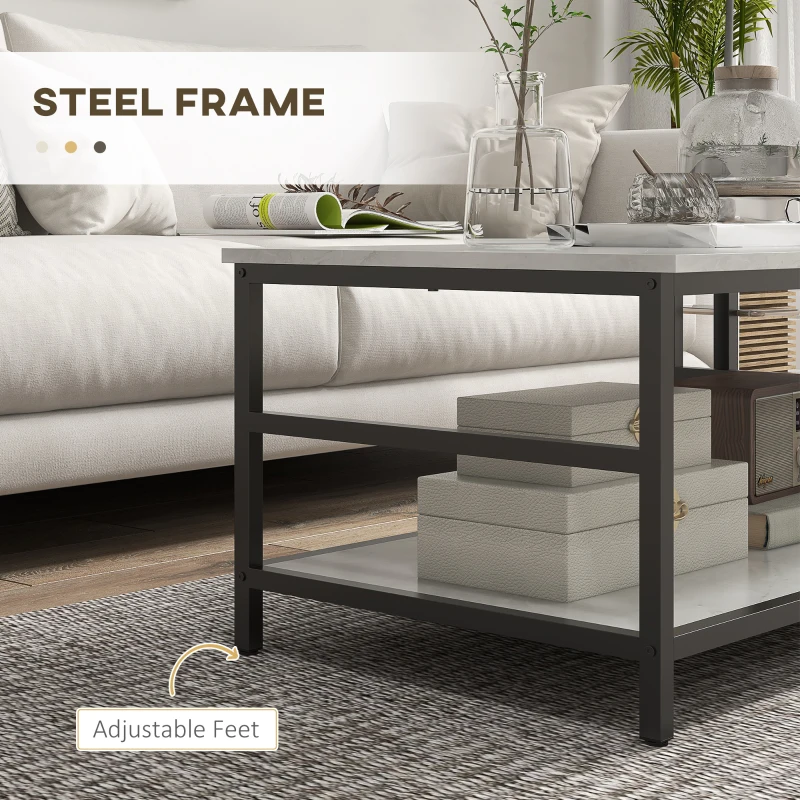 HOMCOM Set 2 Masute de Cafea cu 2 Niveluri din PAL si Otel, Masuta Dreptunghiulara si Masuta  Rotunda cu Blat de Sprijin Efect Marmura, Alb si Negru