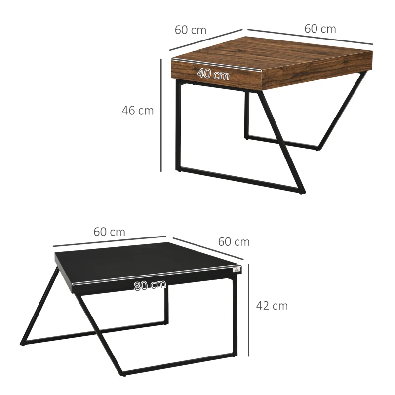 HOMCOM Set 2 Masute de Cafea din PAL si Otel in Stil Industrial, Masa Neagra 80x60x42 cm si Masa Maro 60x60x46 cm