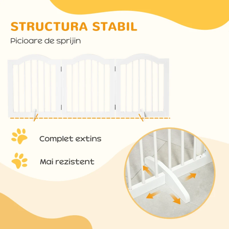 Pawhut Bariera Caini – 3 Sectiuni Pliabile din Lemn Alb