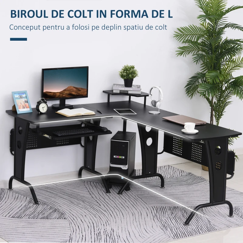 HOMCOM Birou pentru Computer in forma de L cu Suport pentru Tastatura Suport pentru CPU negru