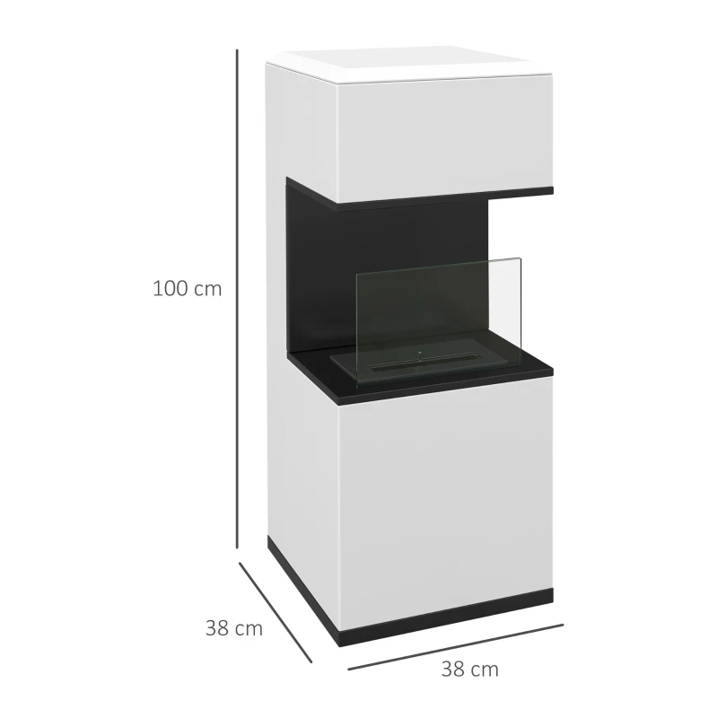 HOMCOM Semineu cu Bioetanol de Podea cu Arzator de 1.2L si Durata de 3 Ore, Biosemineu cu Panou din Sticla si Stingator, 38x38x100cm, Alb