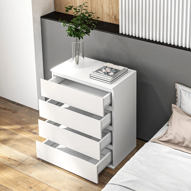 HOMCOM Comodă cu 4 Sertare, Organizator de Depozitare cu Ghidaje Metalice și Mânere cu Caneluri, 60x40x80 cm, Alb(m-8)