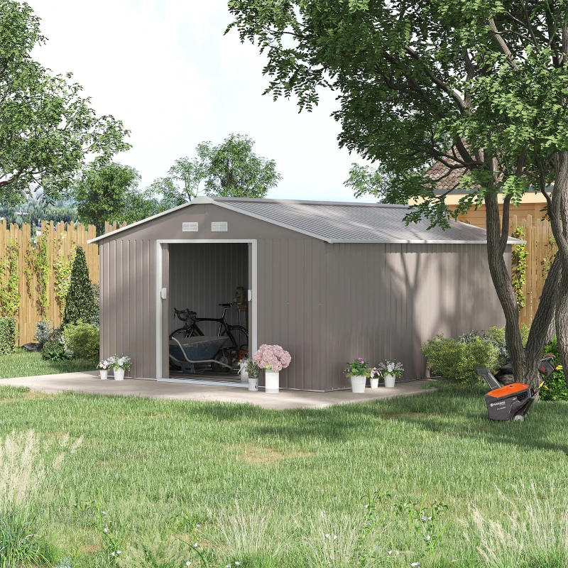 Outsunny Magazie de Gradina cu Usi Duble Glisante si Acoperis Inclinat, Sopron de Gradina din Otel si PP, 3.4x4x2m, Gri(m-2)