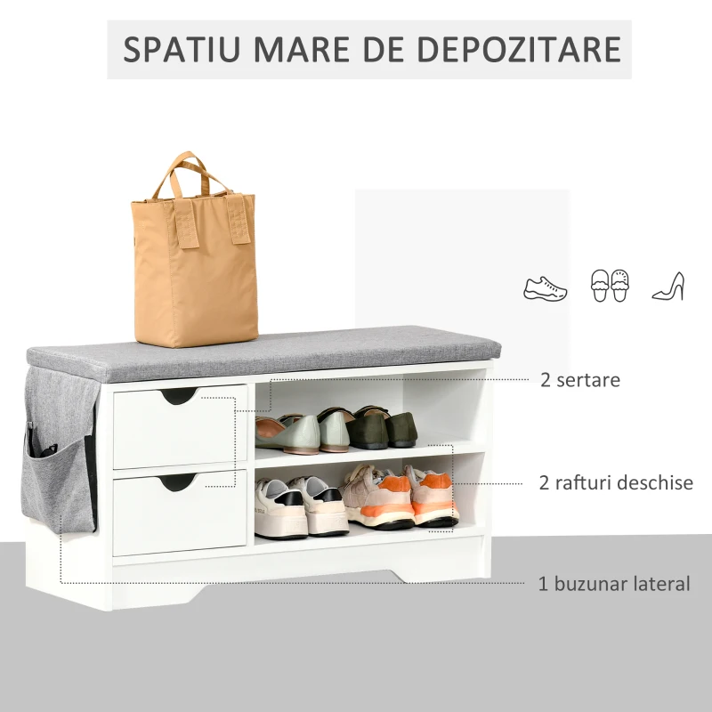 HOMCOM Suport de Pantofi Economie de Spatiu Bancuta Suport de Pantofi din Lemn Alb Mobila Suport de Pantofi
