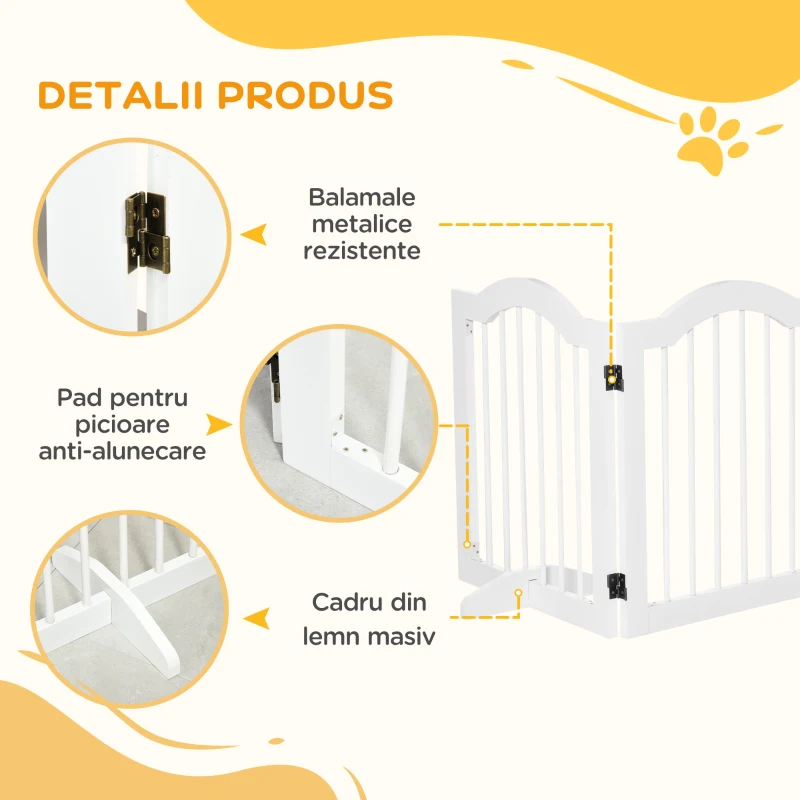 Pawhut Bariera Caini – 3 Sectiuni Pliabile din Lemn Alb