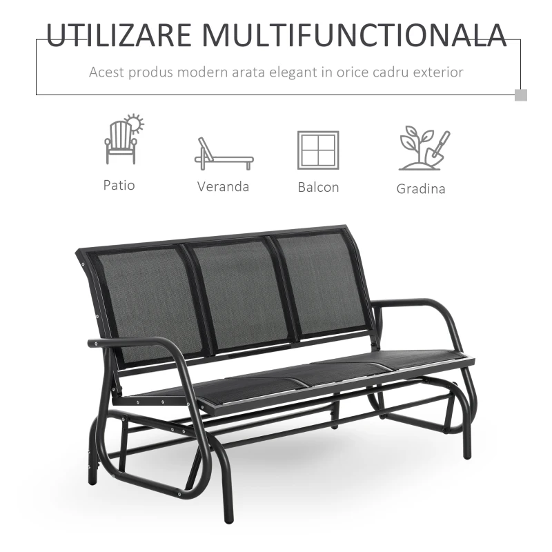 Outsunny Banca Leagan de Gradina cu 3 locuri, schelet Metalic si Tesatura transpiranta, Negru