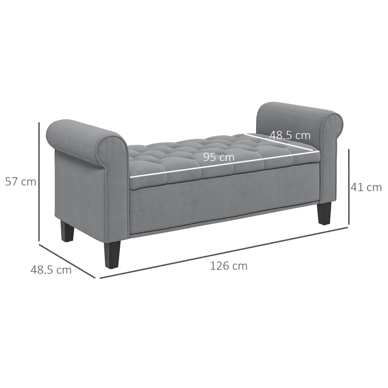 HOMCOM Banca pentru Capul Patului din Material Efect Catifea cu Spatiu de Depozitare si Cotiere Rulate , 126x48.5x57 cm, Gri(m-3)