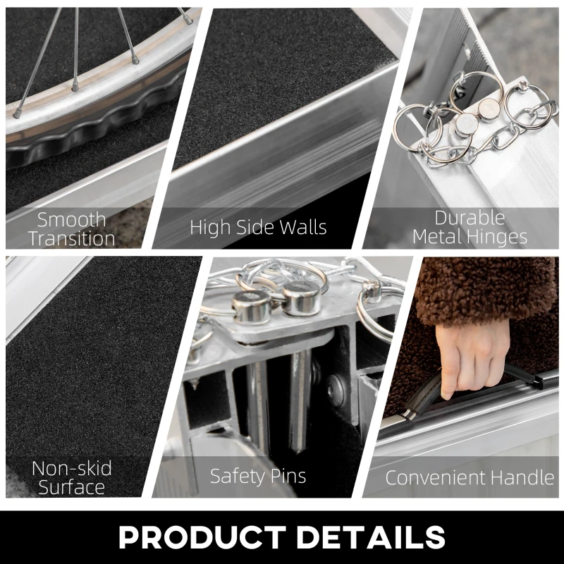 HOMCOM 2ft Aluminium Duo Wheelchair Ramp Pushchair Mobility Assistance Folding w/ Carry Handle Locking Chain Portable 61L x 72W cm